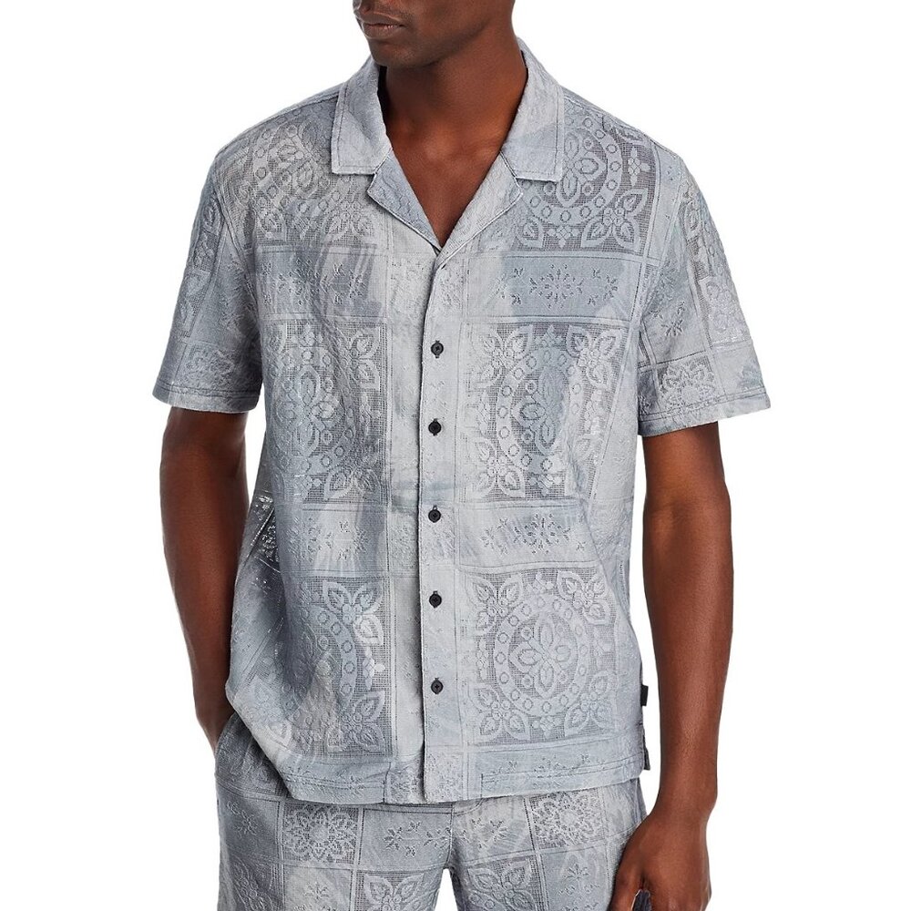 John Varvatos Men's Arya Summer Oases Tile Patterned Jacquard SS Camp Shirt Grey